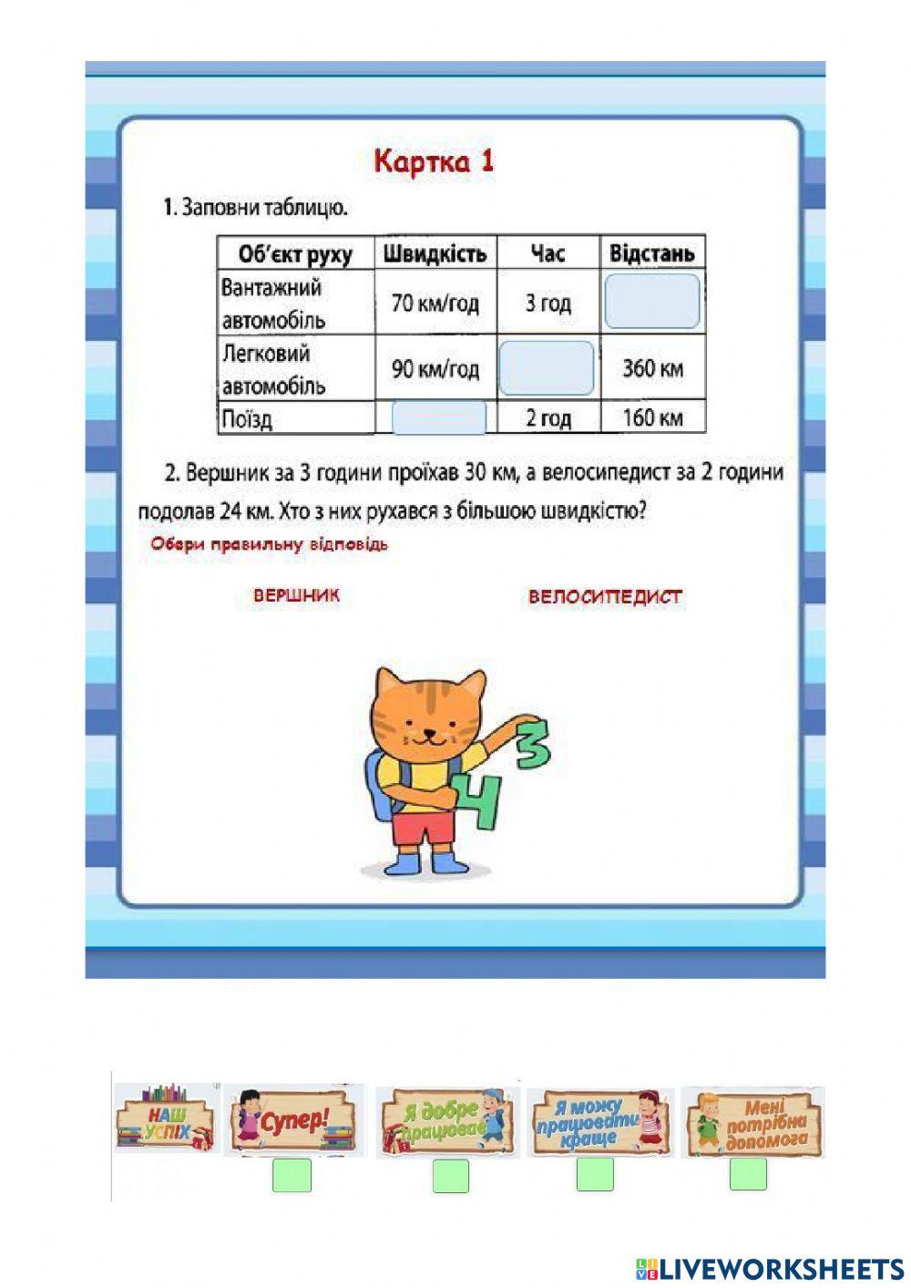 Щоденні 3. Розв’язуємо прості задачі з величинами: подоланий шлях, швидкість руху, час руху. 4 клас