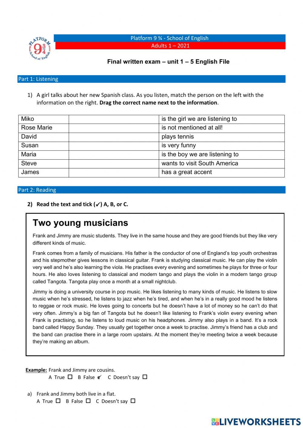 Final Test Units 1 to 5