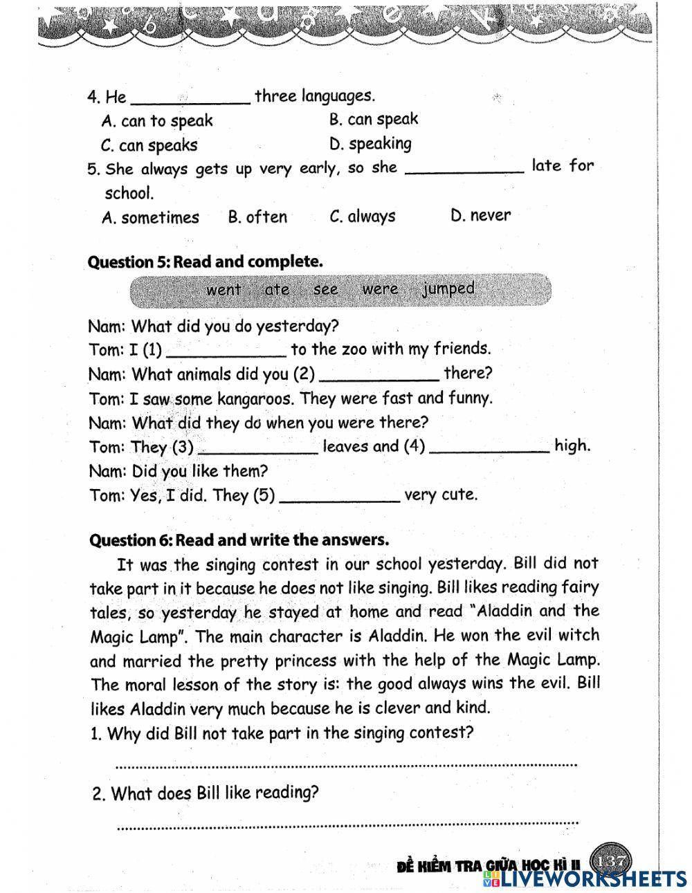 First semester test for English grade 5