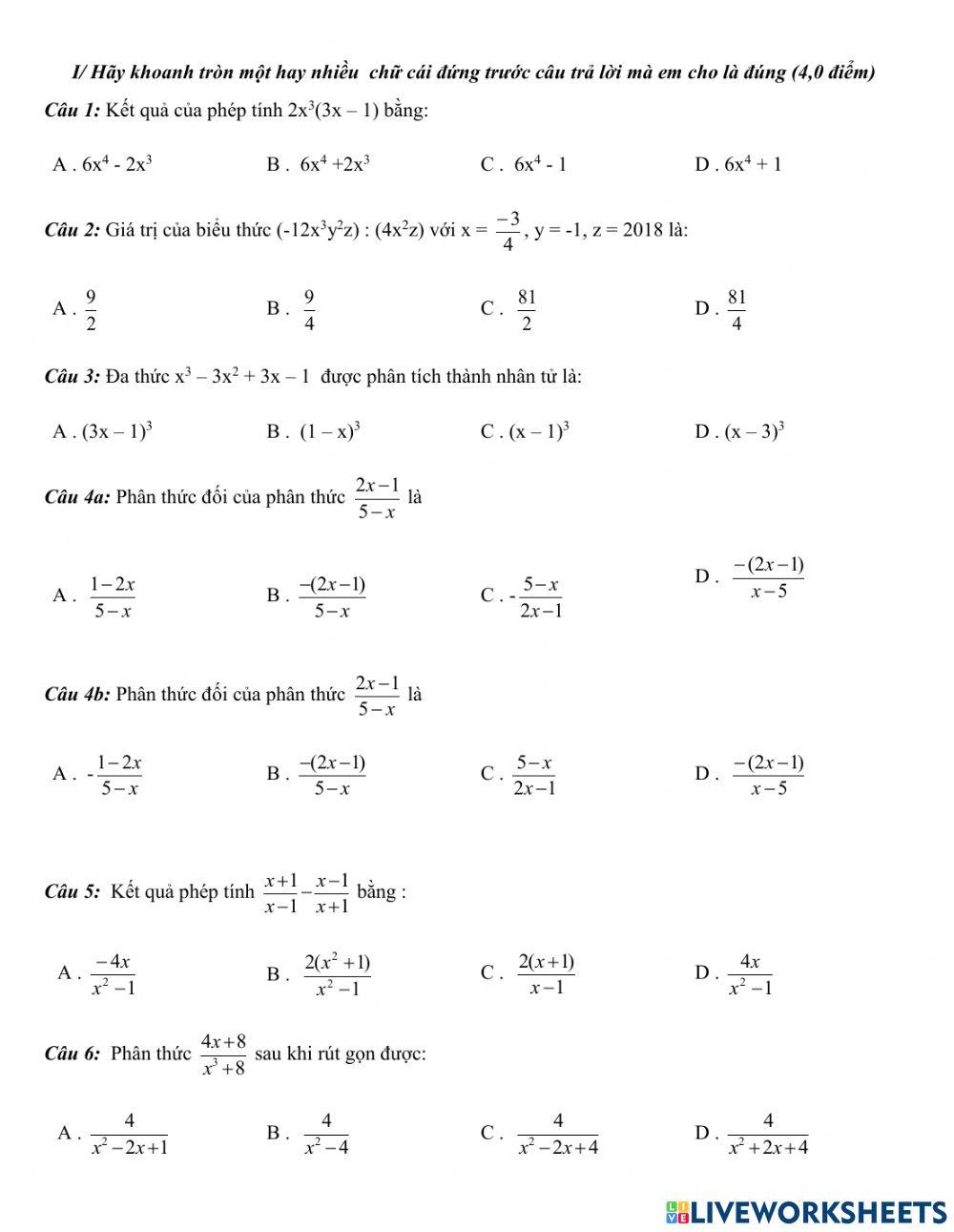 Trắc nghiệm HK1 Toán 8 18