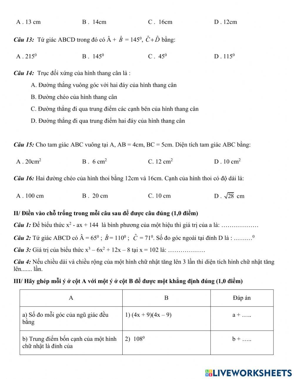 Trắc nghiệm HK1 Toán 8 18
