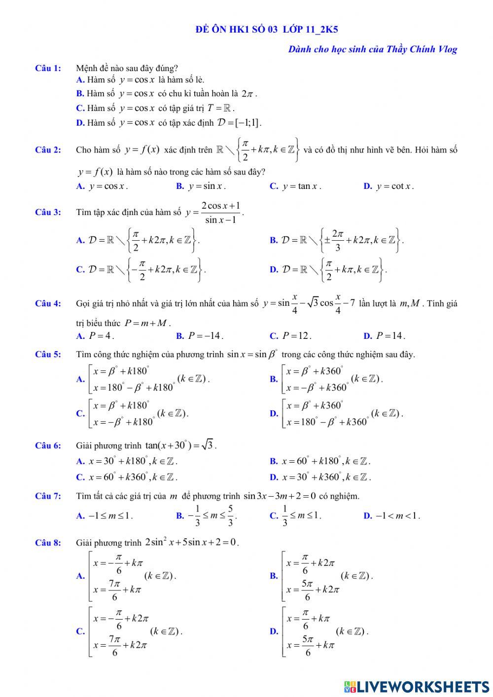 Đề ôn tập số 03 học kỳ 1 toán lớp 11