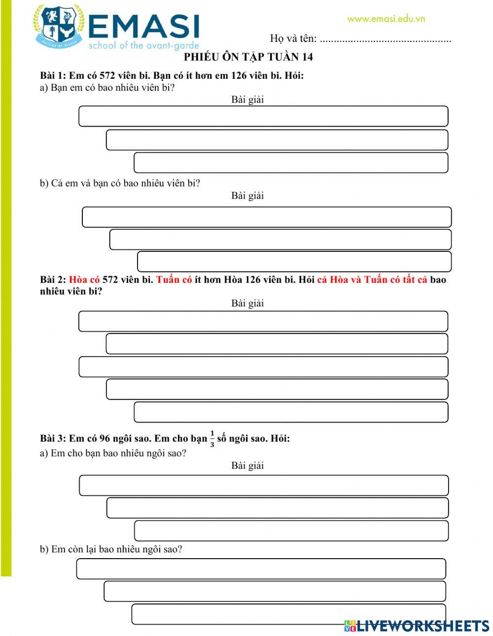 Ôn giải toán bằng hai phép tính