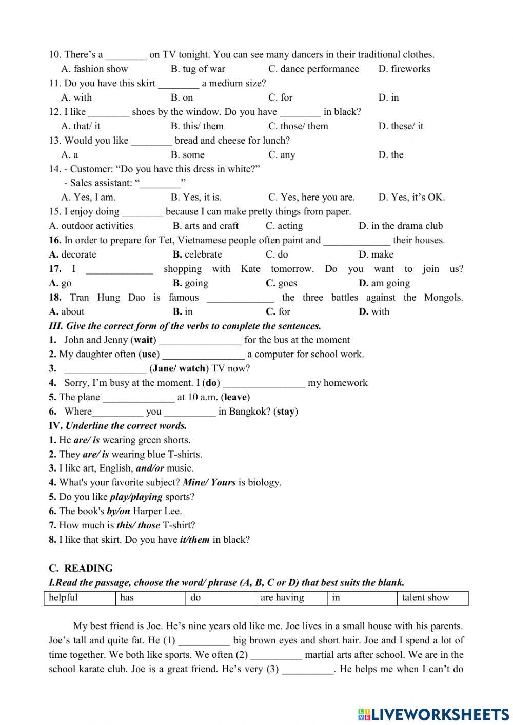 Bài tập ôn thi cuối học kì i tiếng anh 6