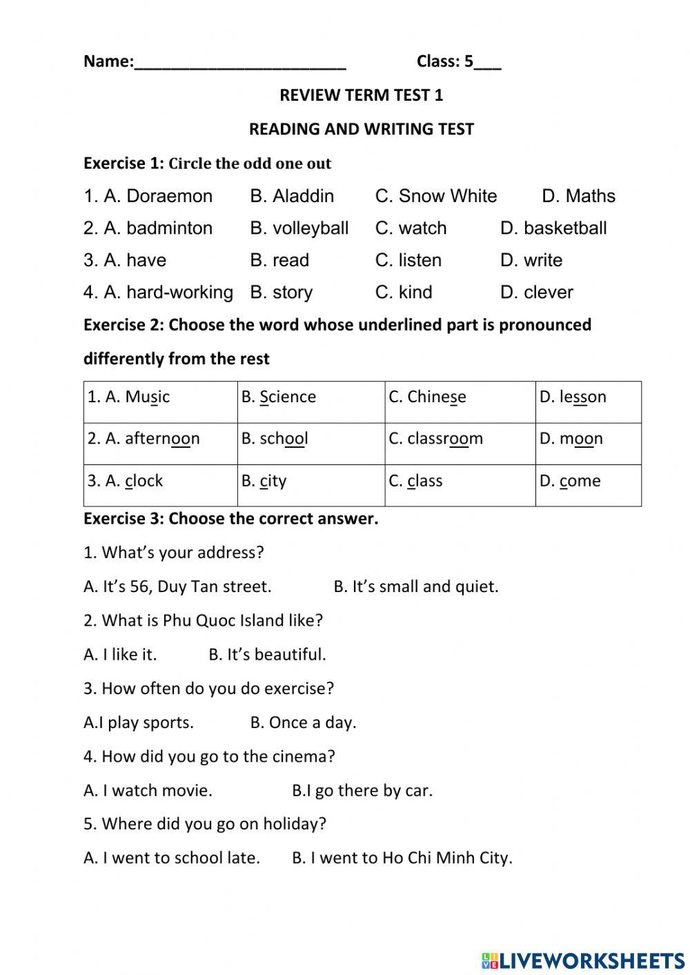 Grade 5 - Review Term Test
