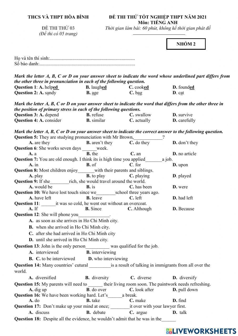 Ôn thi thpt tiếng anh 1