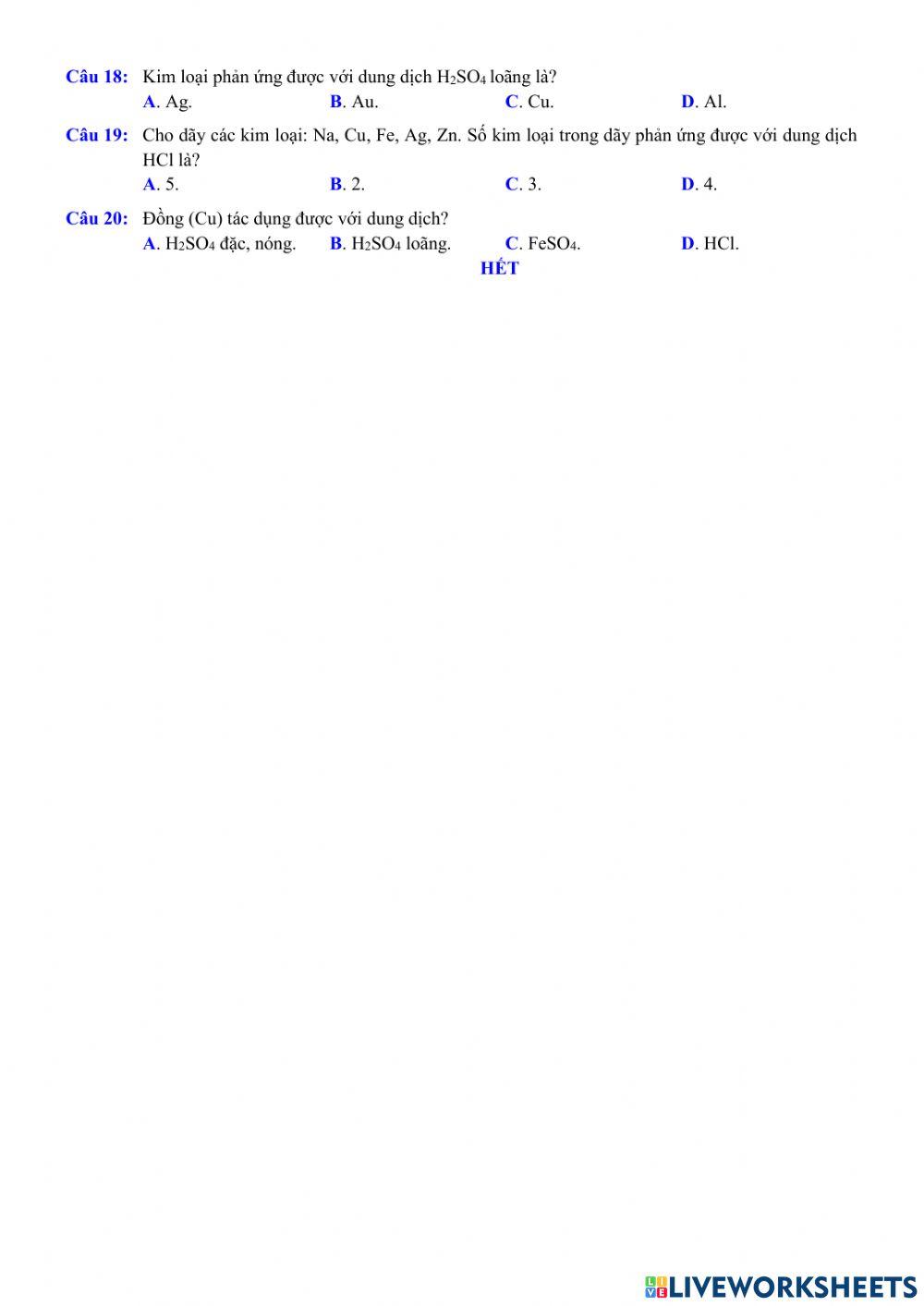 Tn tính chất hóa học của kim loại