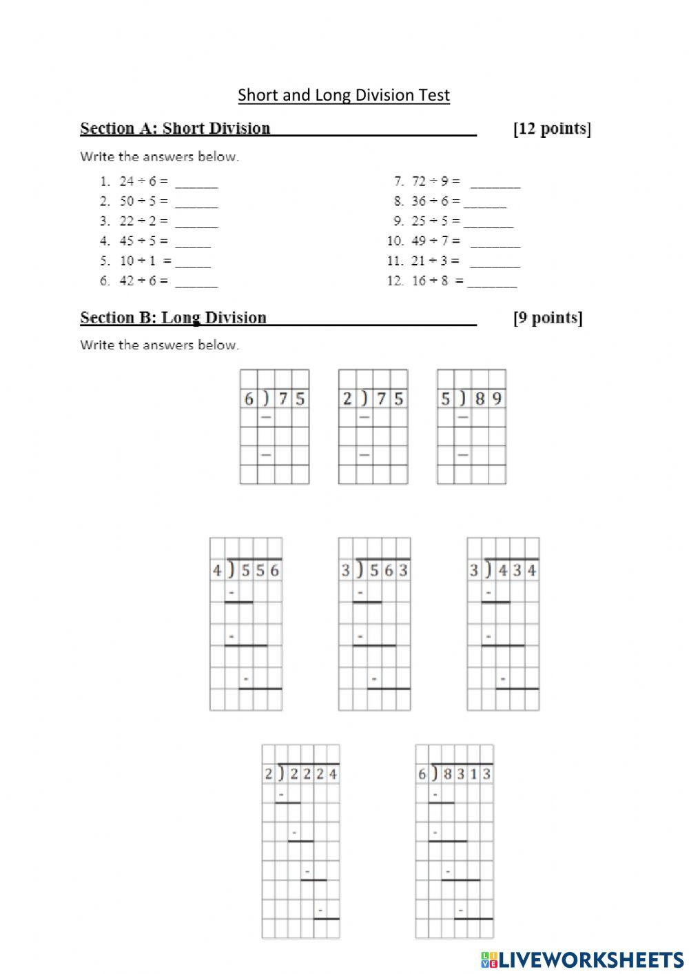 Short and Long Division Test