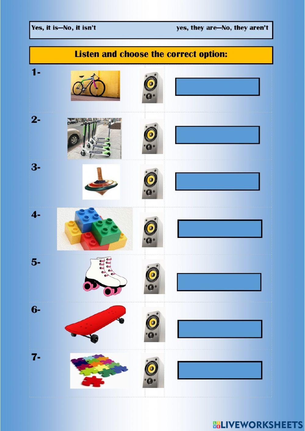 Toys- yes, it is - no, it isn't - yes, they are - No, they aren't.