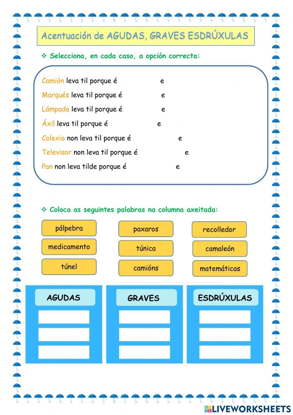 Acentuación en Galego de AGUDAS, GRAVES e ESDRÚXULAS worksheet | Live ...