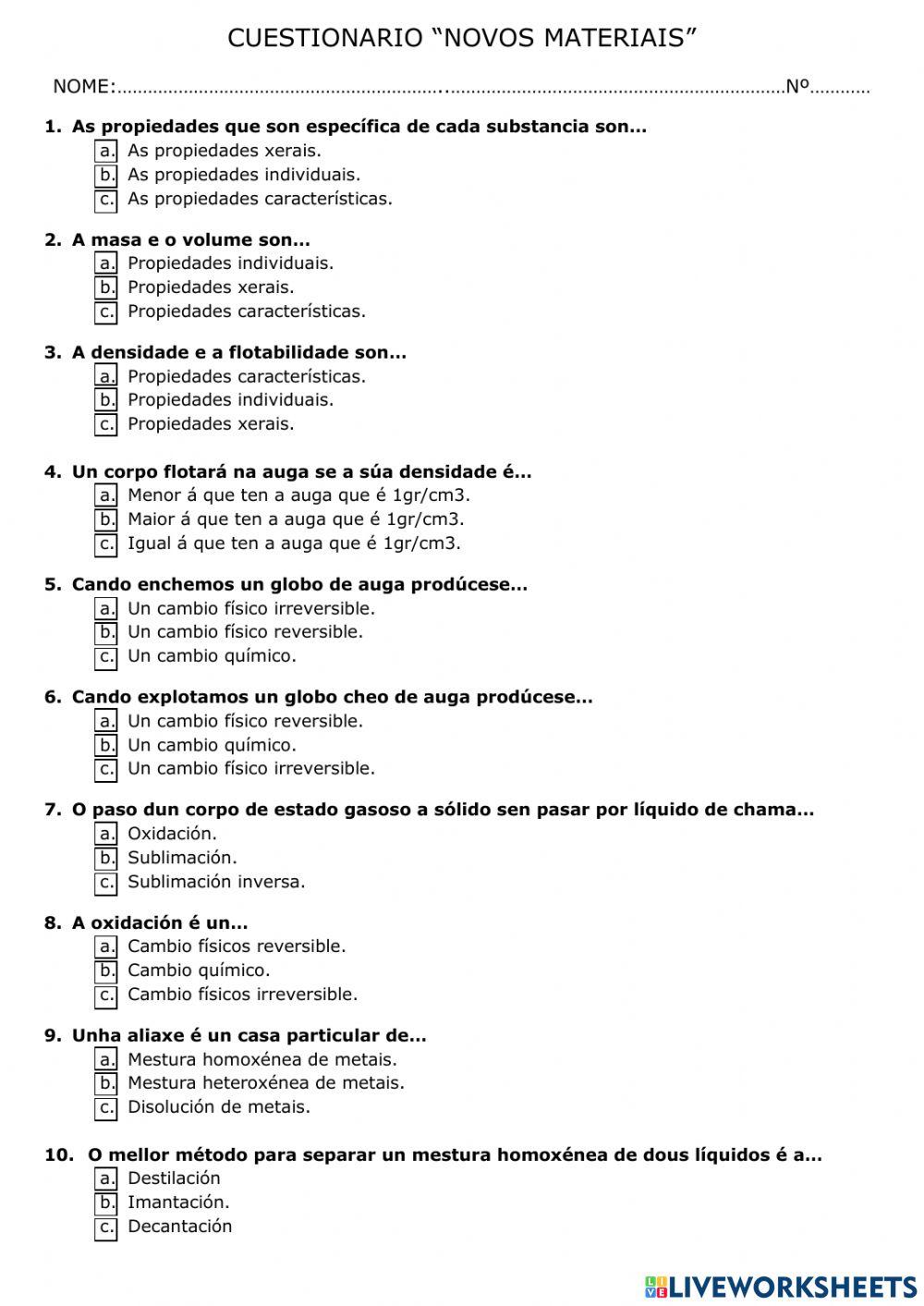 CUESTIONARIO -NOVOS MATERIAIS-