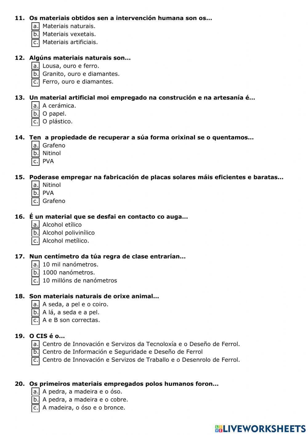 CUESTIONARIO -NOVOS MATERIAIS-