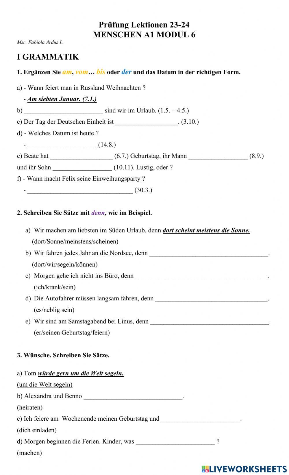 Prüfung Lektionen 23 und 24 für Gaby