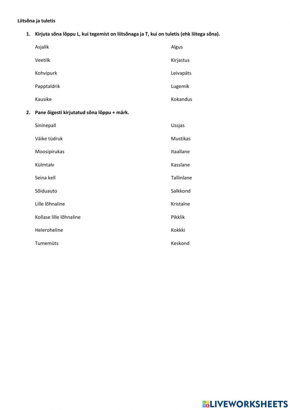 Liitsõna ja tuletis 5. klass