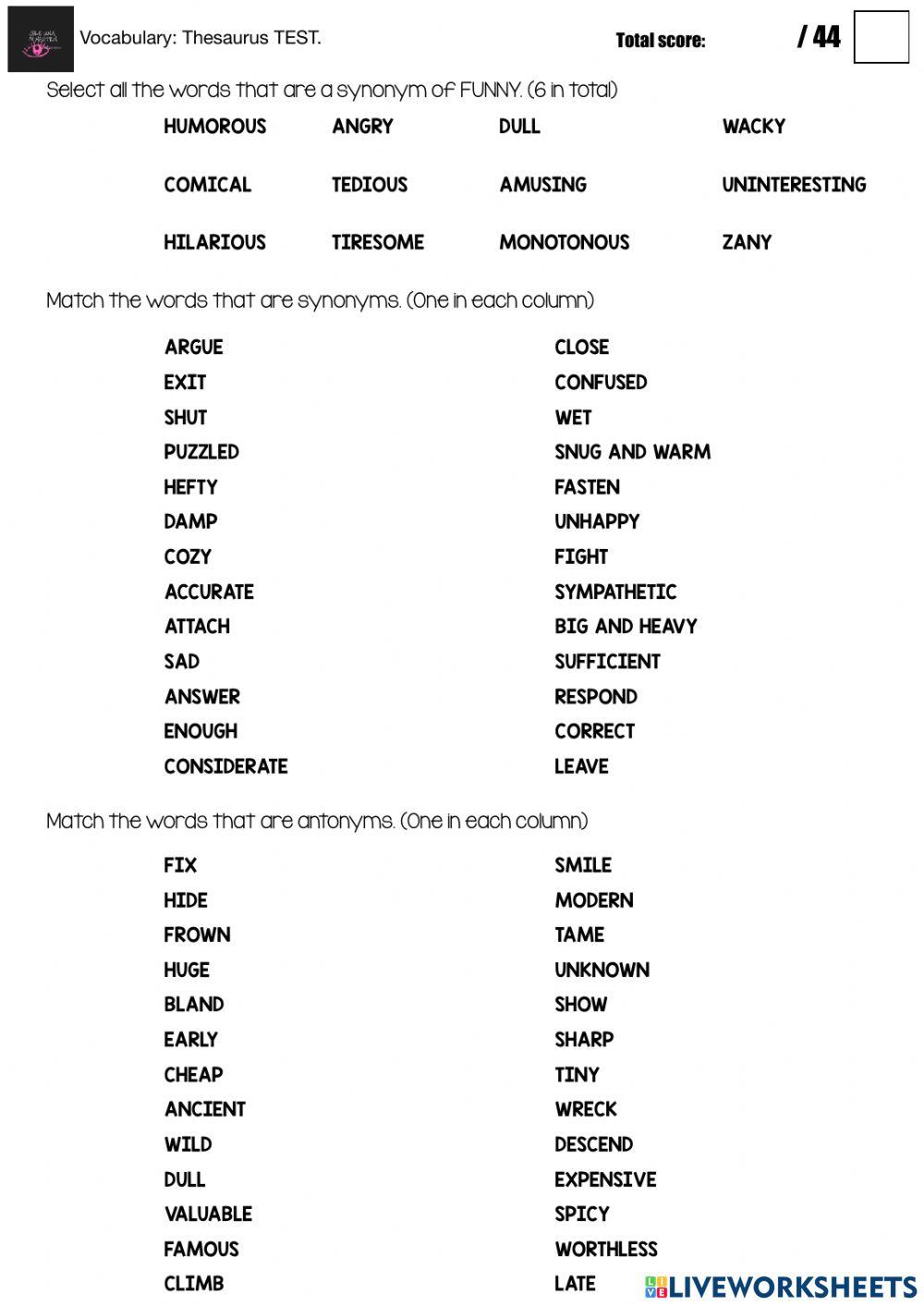 Vocabulary Thesaurus TEST. interactive worksheet Live Worksheets