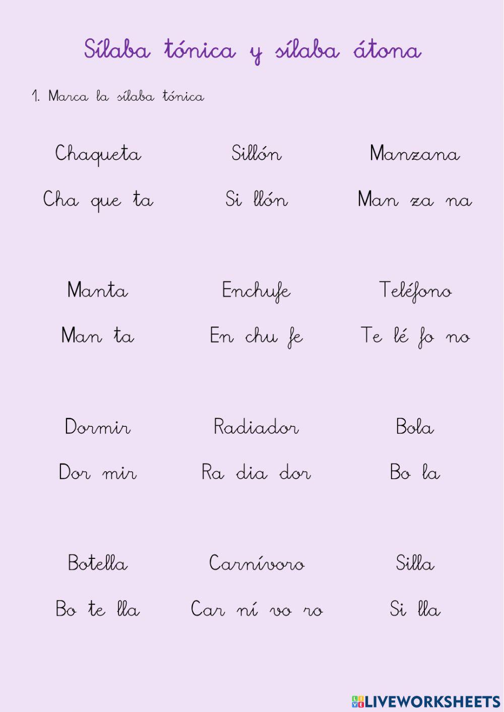Sílaba tónica worksheet for 2 Live Worksheets