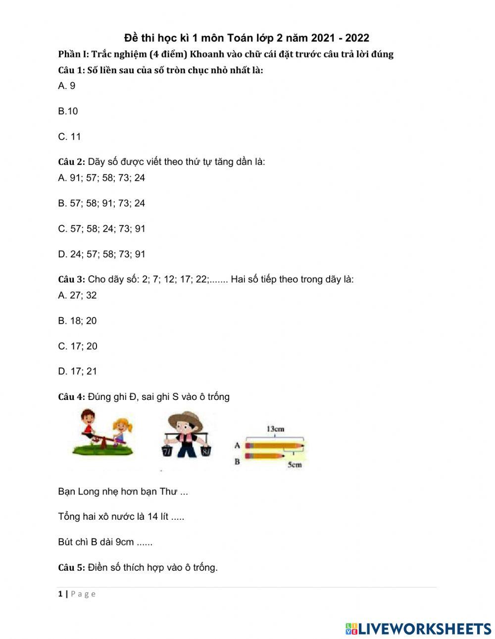 Toán lớp 2 - thi hk1