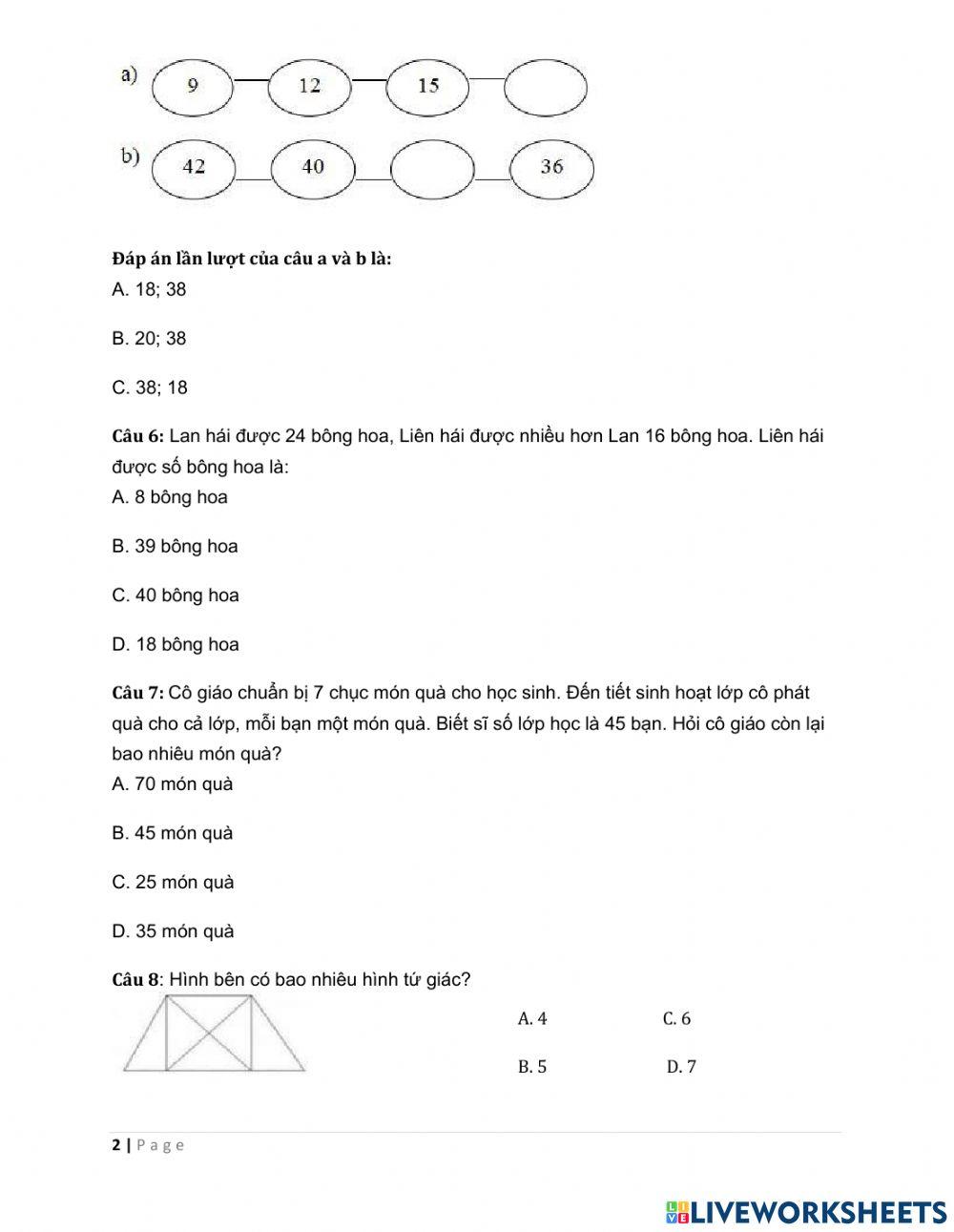 Toán lớp 2 - thi hk1