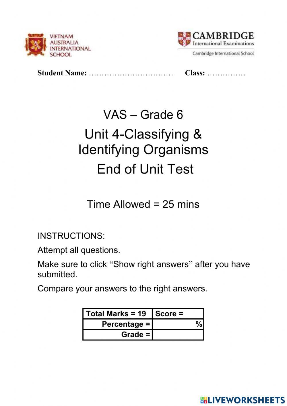 Grade 6- Unit 4 End of Unit test (For Sharing)