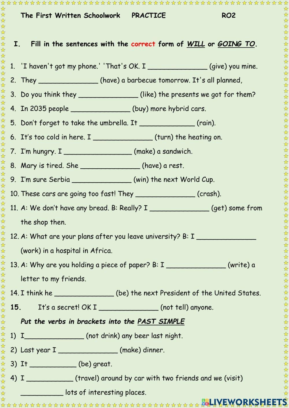 Will, going to, past simple