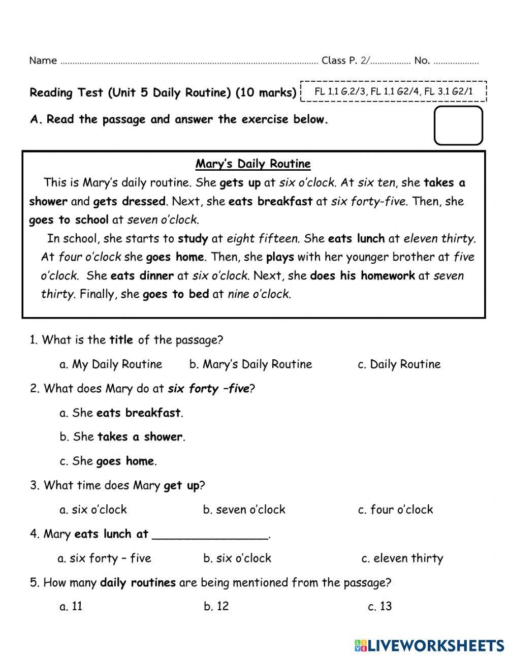 Grade 2 Reading Test unit 5