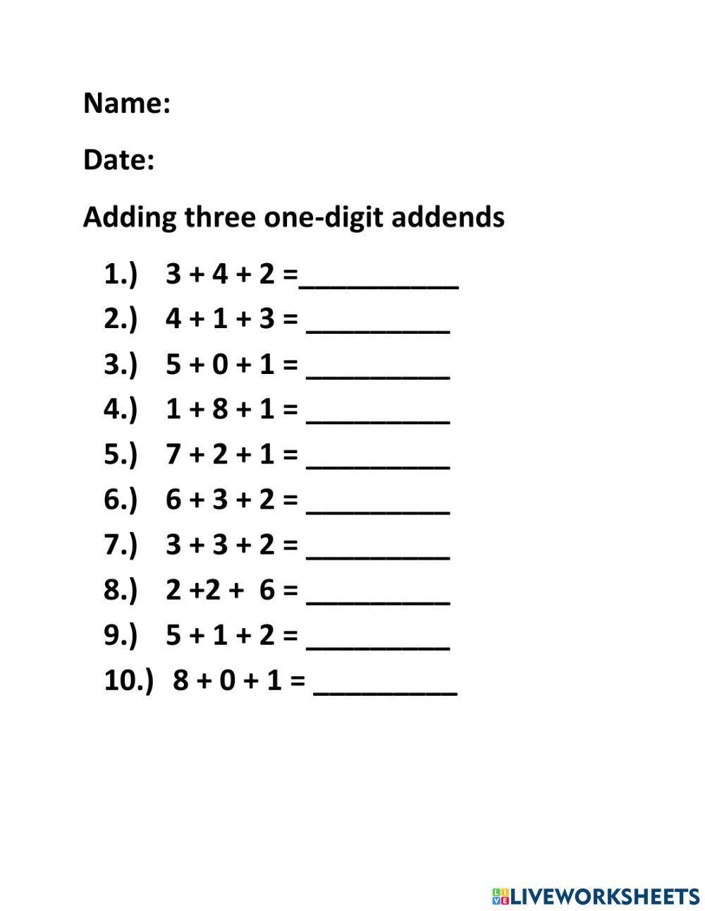 Adding three one-digit addends
