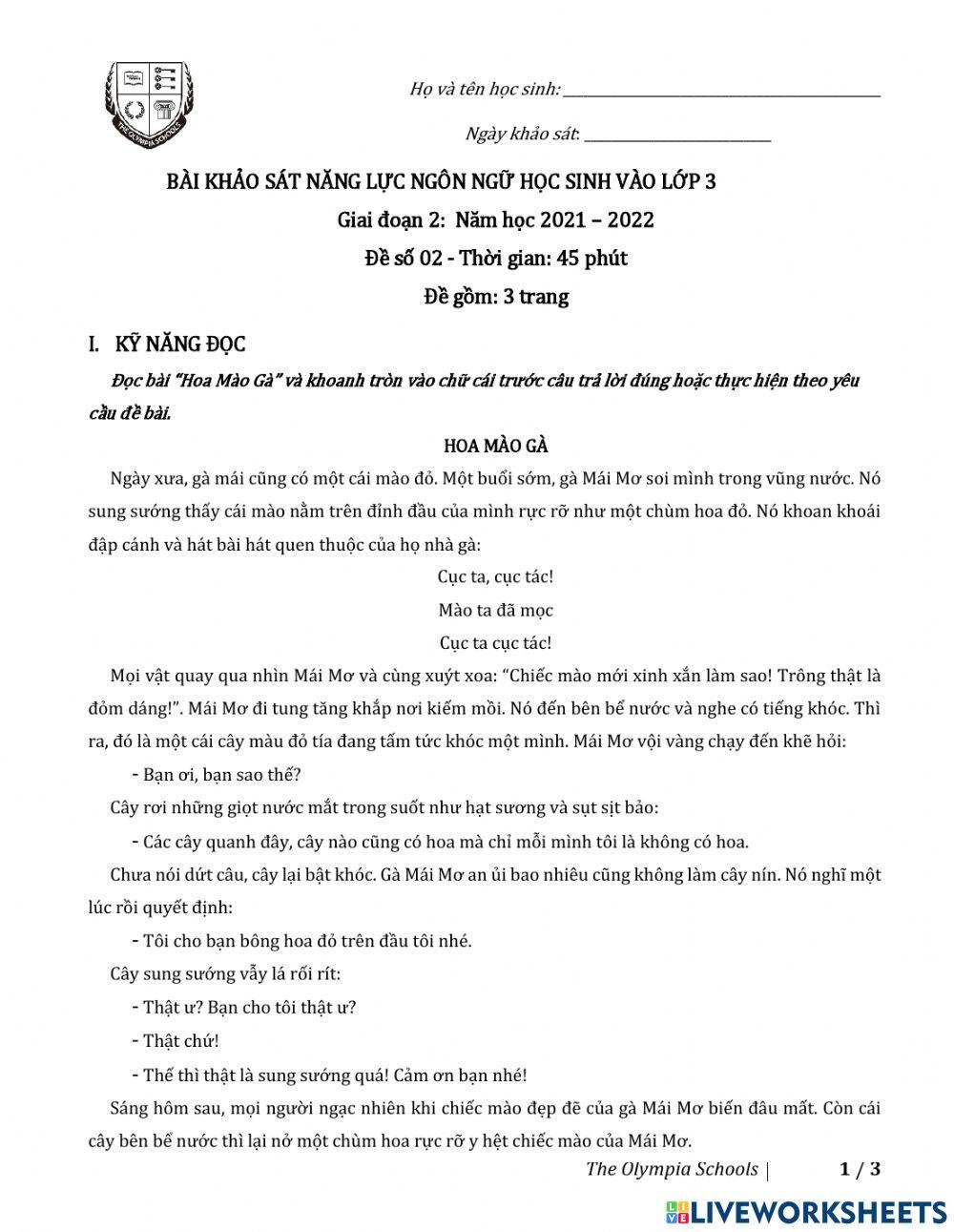 Bài khảo sát chất lượng đầu vào môn TV3