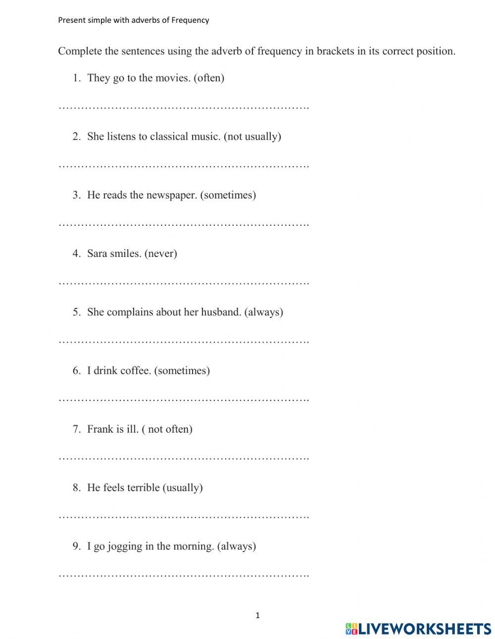 Present simple with adverbs of frequency online exercise for live