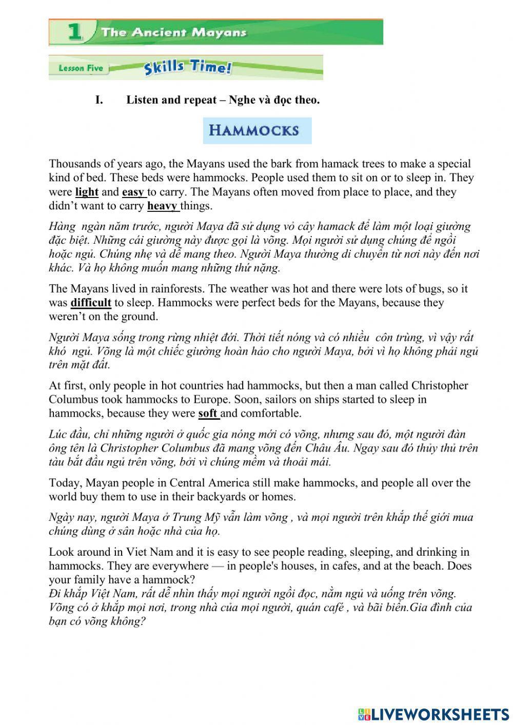 Unit 1: The ancient Mayans- Lesson 5 - Skill Time