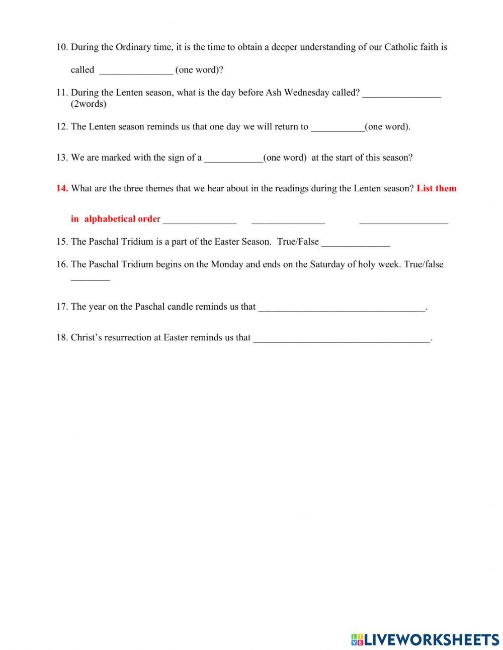 Religion Test - Liturgical year
