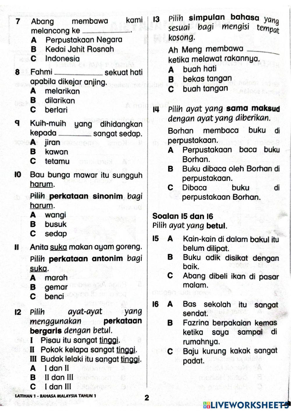 Penilaian pbd bahasa melayu tahun 1-bahagian a