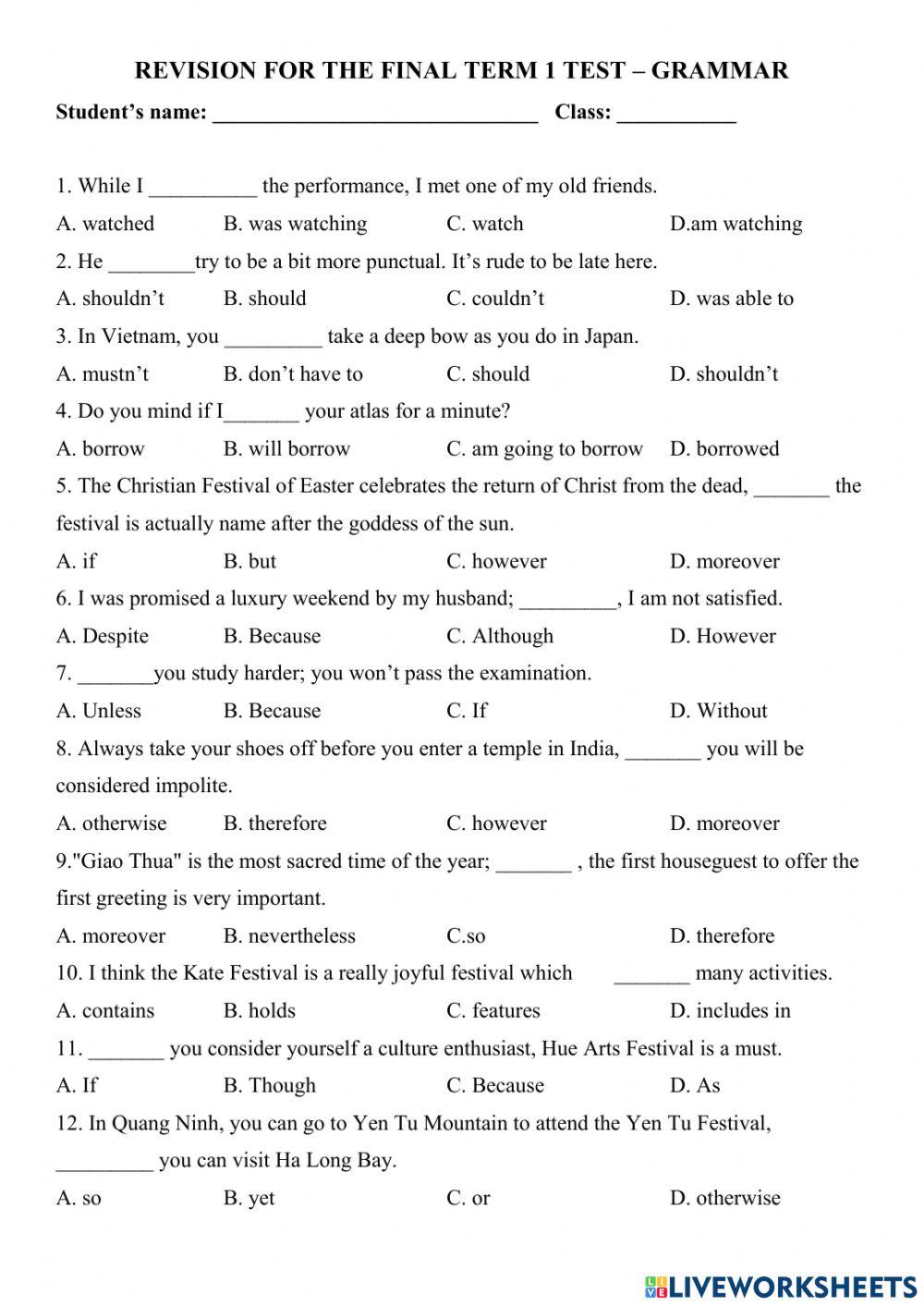 Revision for the final term 1 test – grammar
