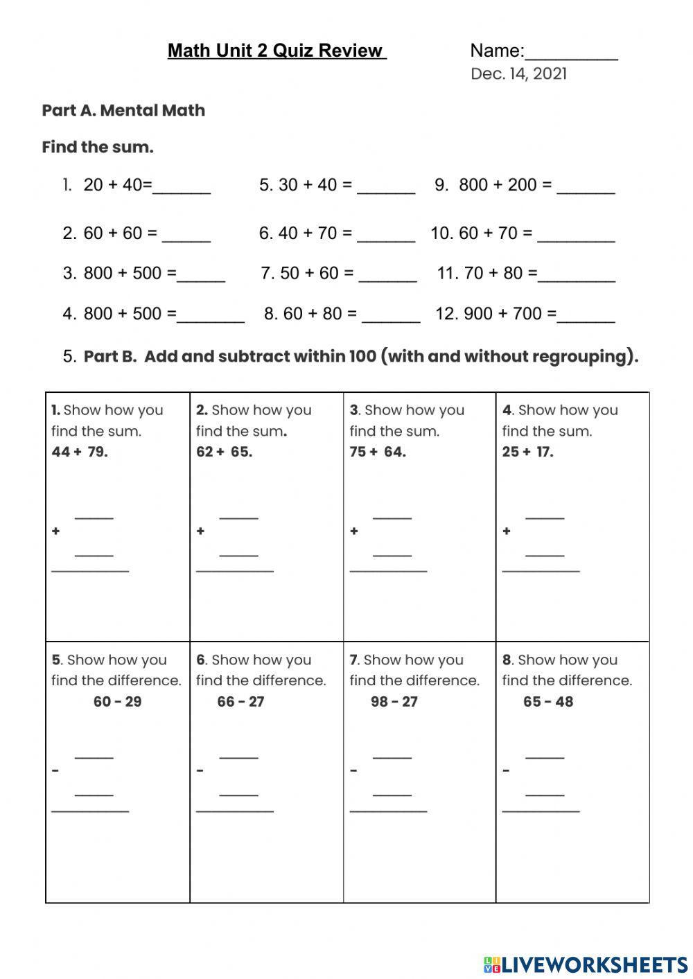 Math unit 2 quiz review online exercise for live worksheets