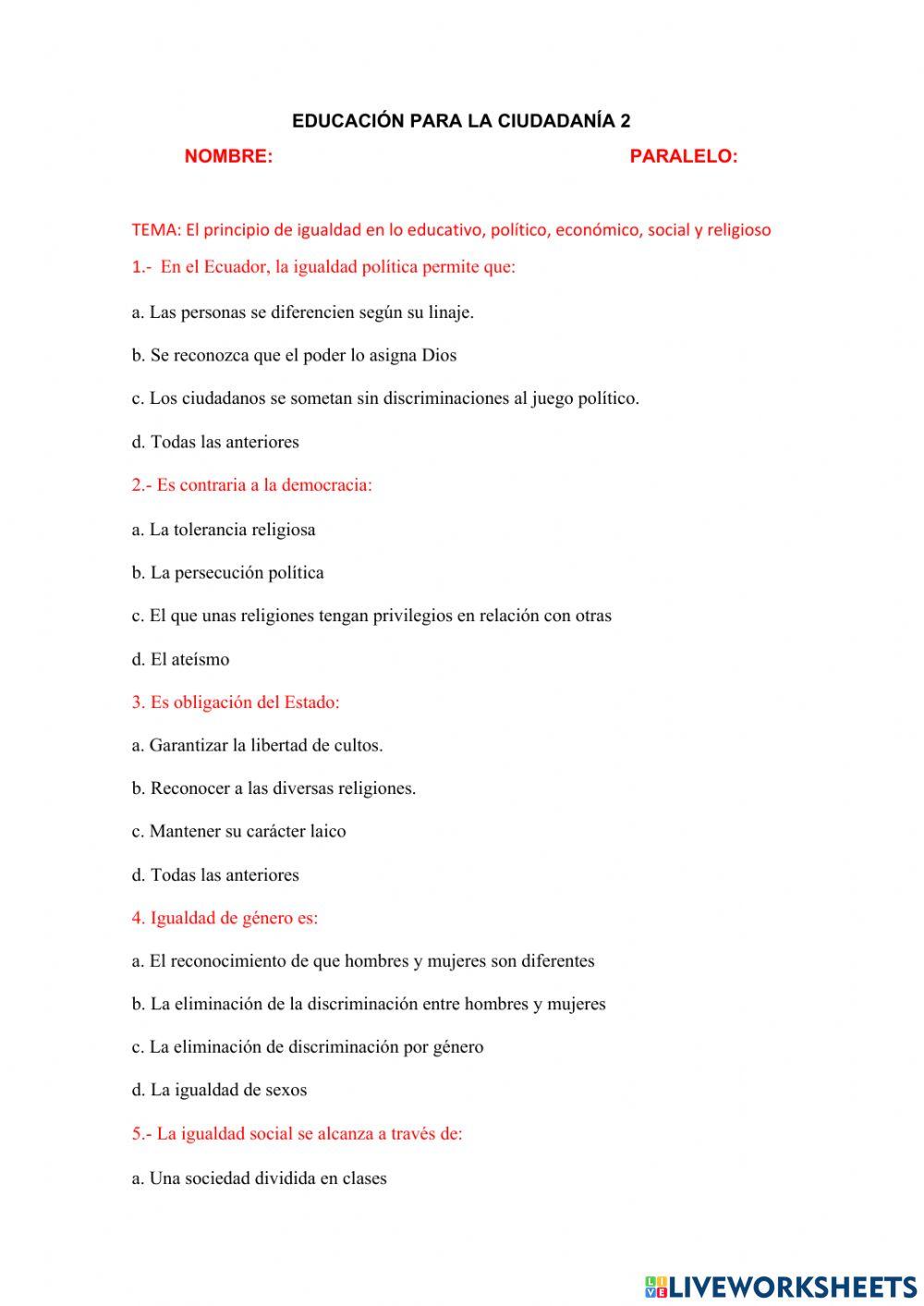 El principio de igualdad en lo educativo, político, económico, social y religioso