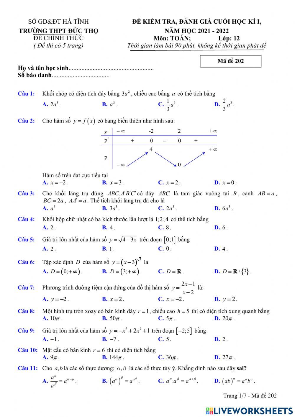 Toán 12 - Kiểm tra CK1 - Đề số 02 (100- TN)