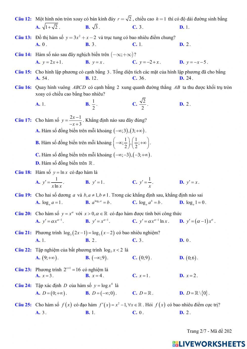 Toán 12 - Kiểm tra CK1 - Đề số 02 (100- TN)