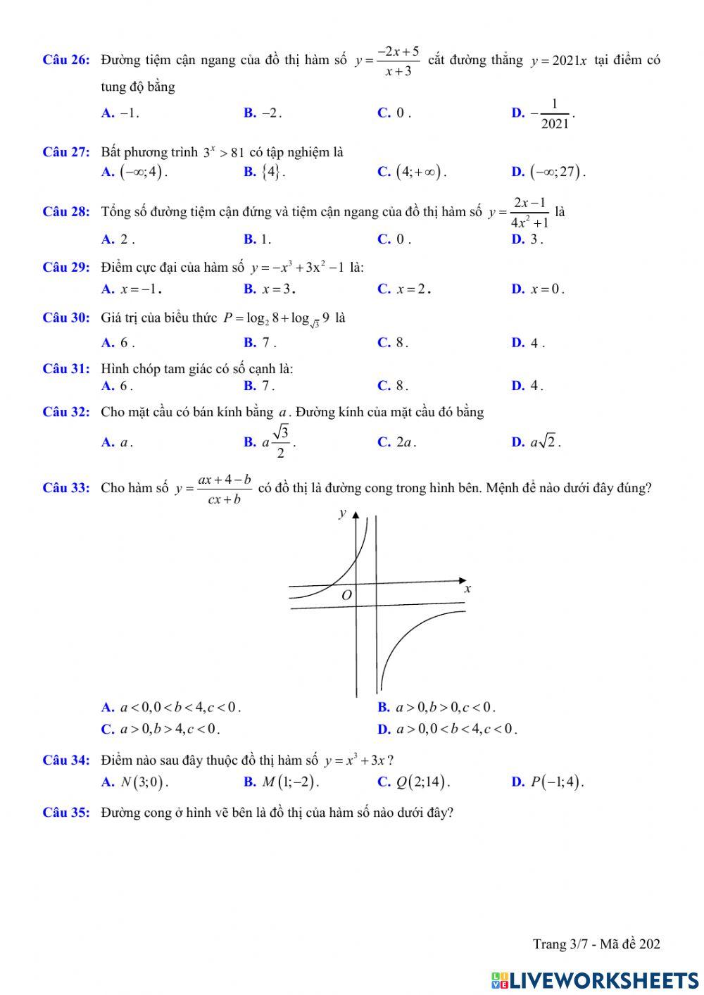 Toán 12 - Kiểm tra CK1 - Đề số 02 (100- TN)