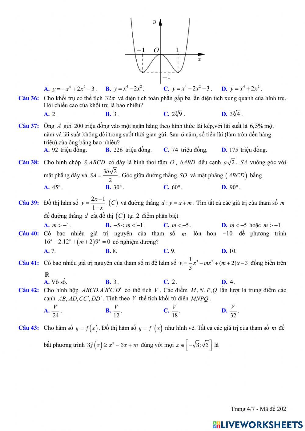 Toán 12 - Kiểm tra CK1 - Đề số 02 (100- TN)