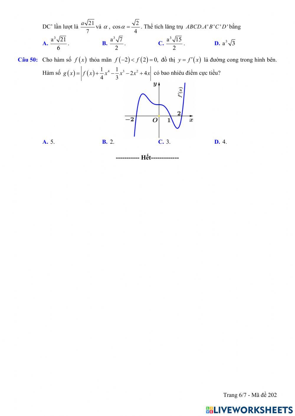 Toán 12 - Kiểm tra CK1 - Đề số 02 (100- TN)
