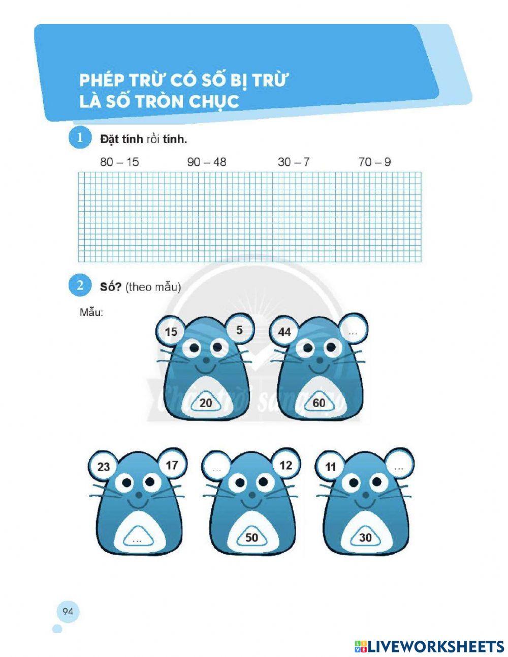 Phiếu bài tập toán trang 94 lớp 2