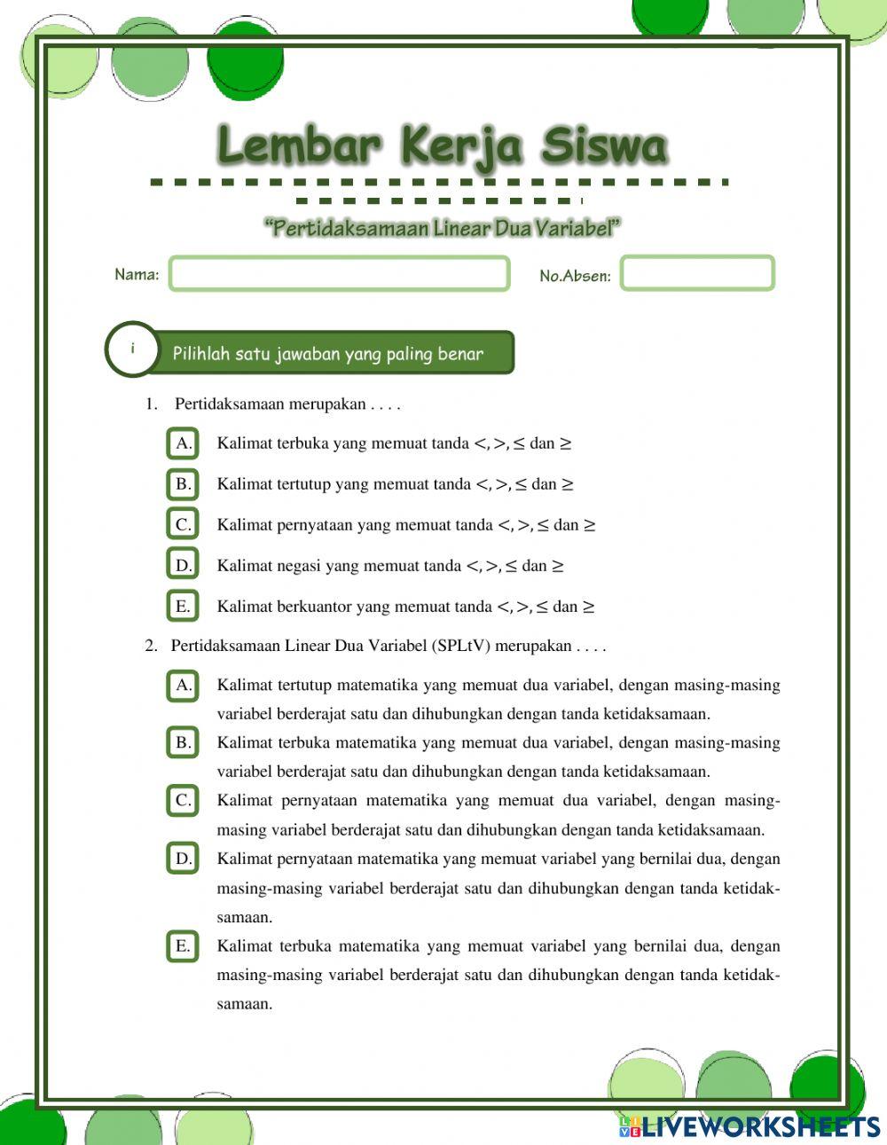 Pertidaksamaan Linear Dua Variabel