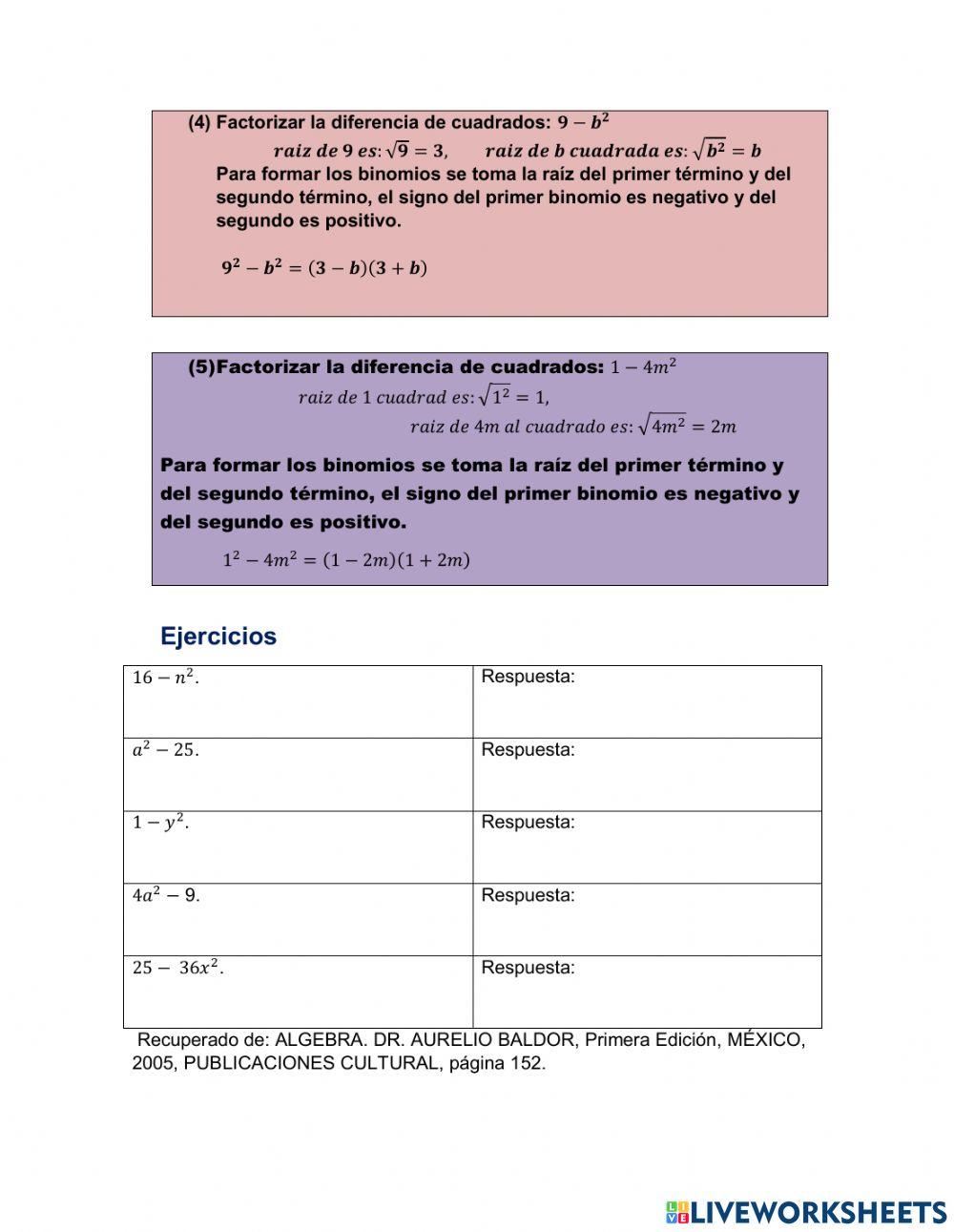 Diferencia de cuadrados perfectos.