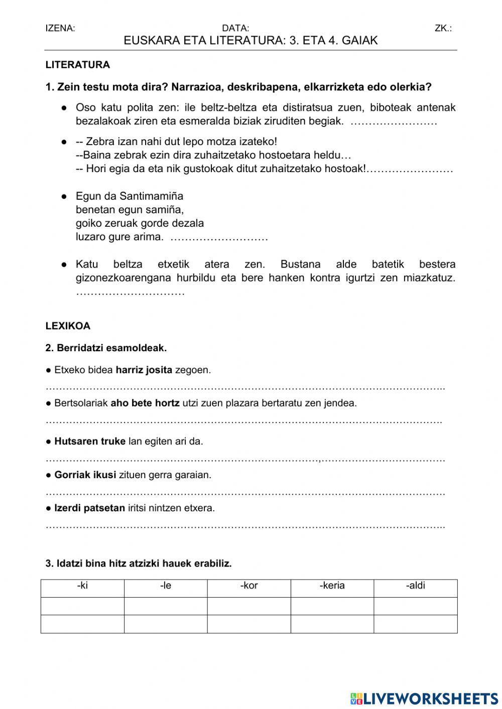 Euskara froga 3 eta 4. gaiak Euskara froga 3 eta 4. gaiak