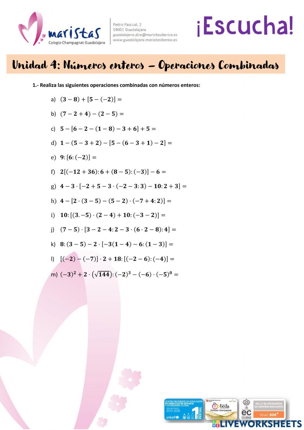 Ejercicios de repaso Unidad 4: Operaciones combinadas