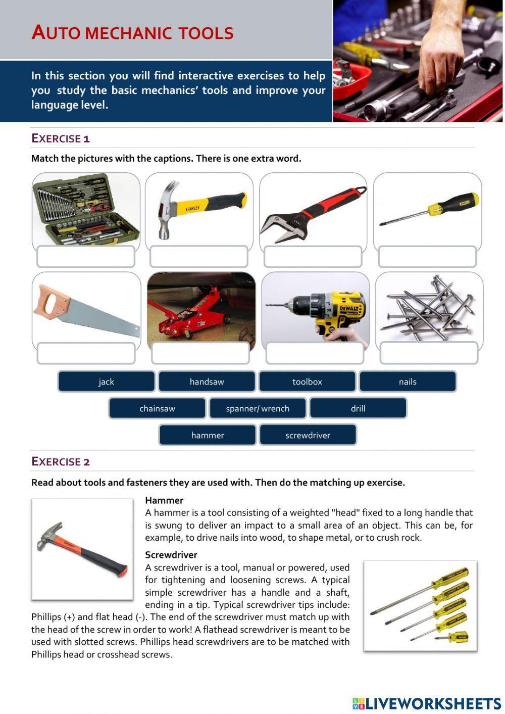Auto mechanic tools worksheet