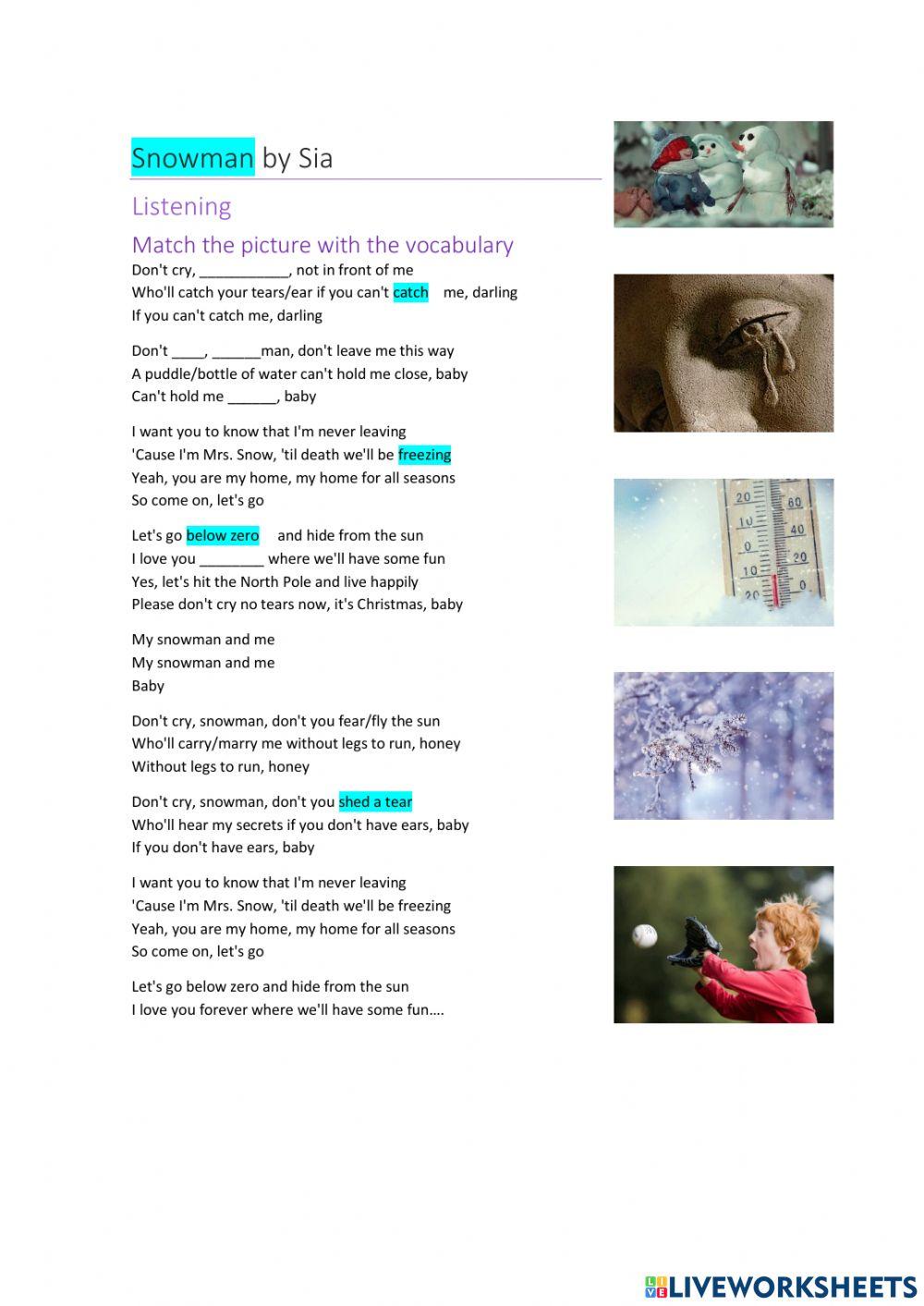 Sia-snowman lyrics excersice