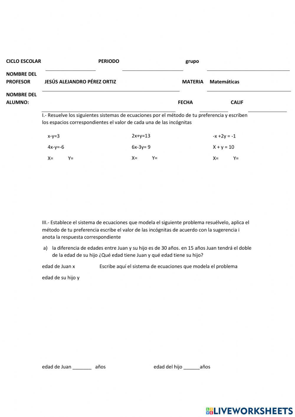 Evaluación sistemas de ecuaciones