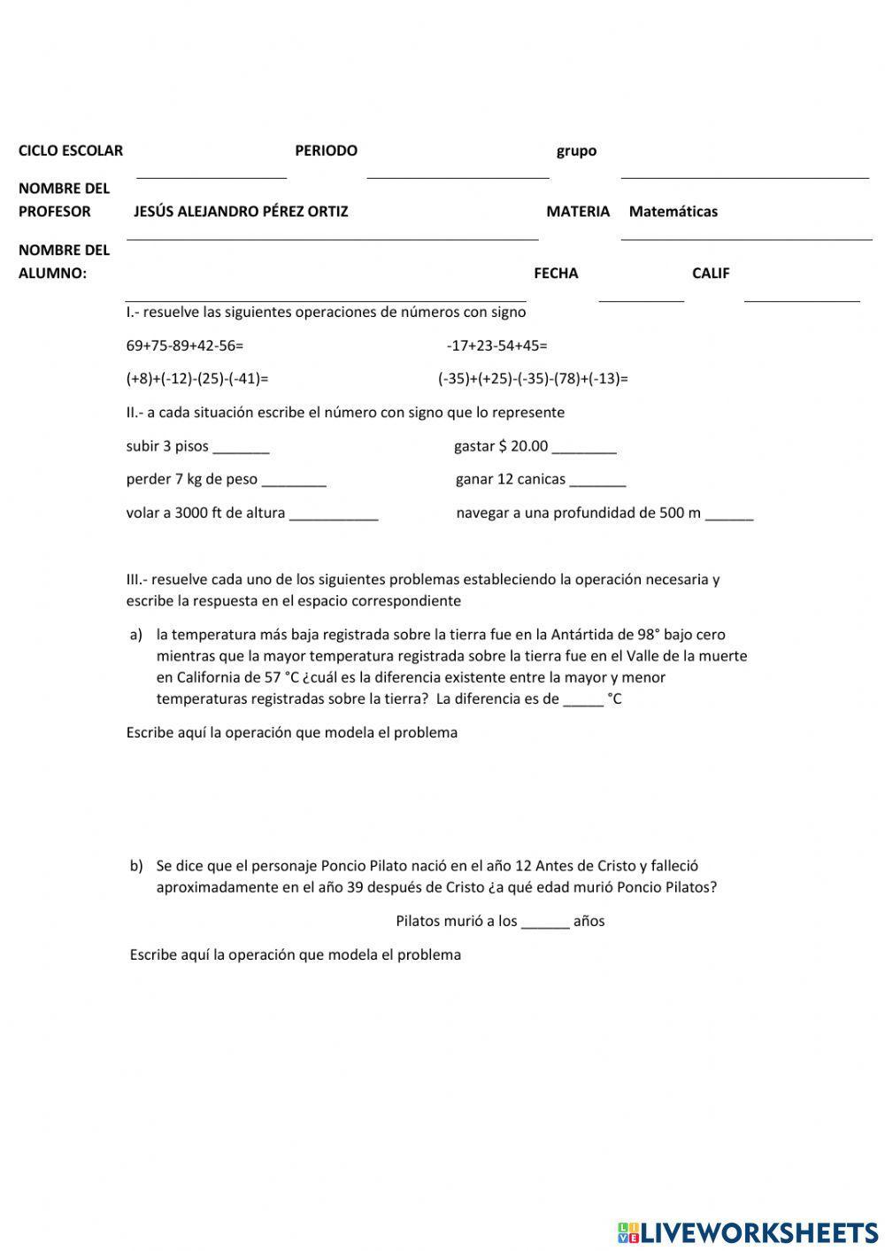 Evaluación suma y resta de números con signo