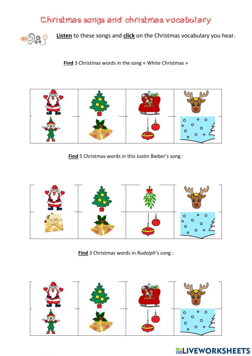 Christmas songs and christmas vocabulary