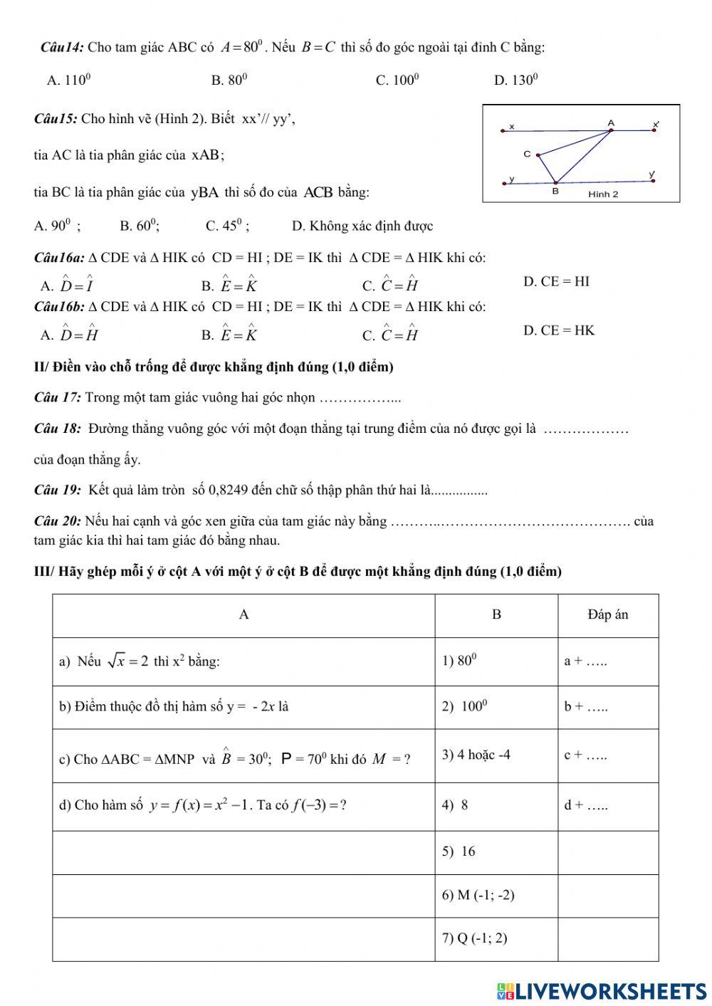 Trắc nghiệm HK1 Toán 7 18